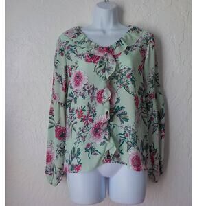 Counterparts Green Mint Floral Blouse Women Small Ruffles Vneck Long Sleeve Boho